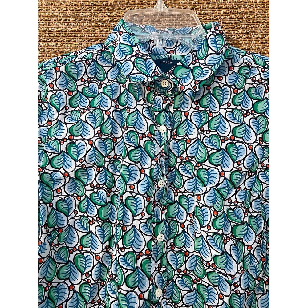 J Crew Printed Popover Shirt in Leaf Print Sz 8 Blouse Heart Shaped Green Blue